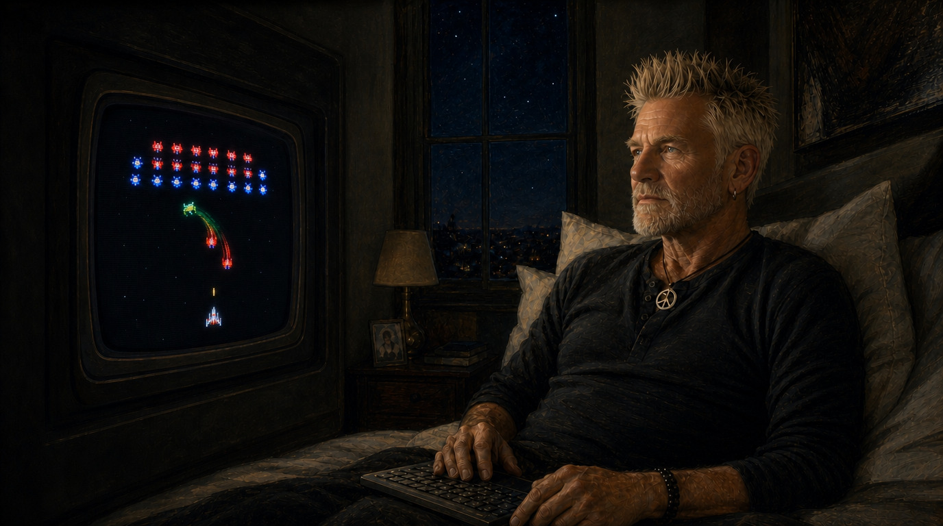 Late night, a man plays Galaga — the game that started everything
