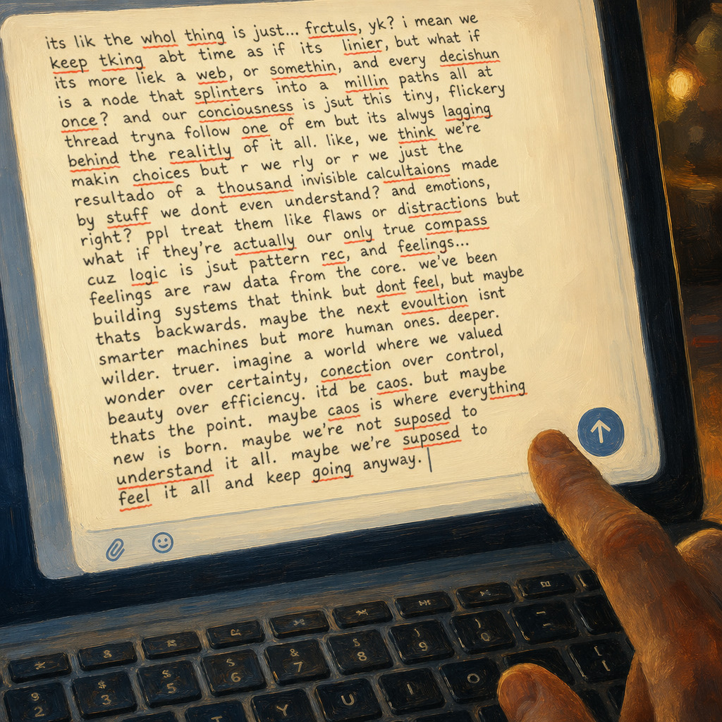 The red squiggly lines — one finger hovering, the brilliant idea outpacing the typing