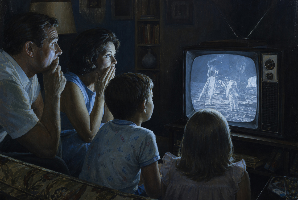 Family watching the moon landing, 1969