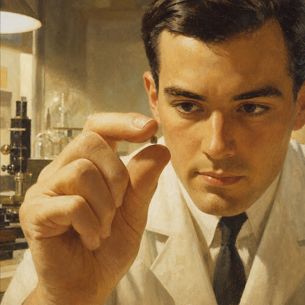 Scientist holding the first integrated circuit, 1959
